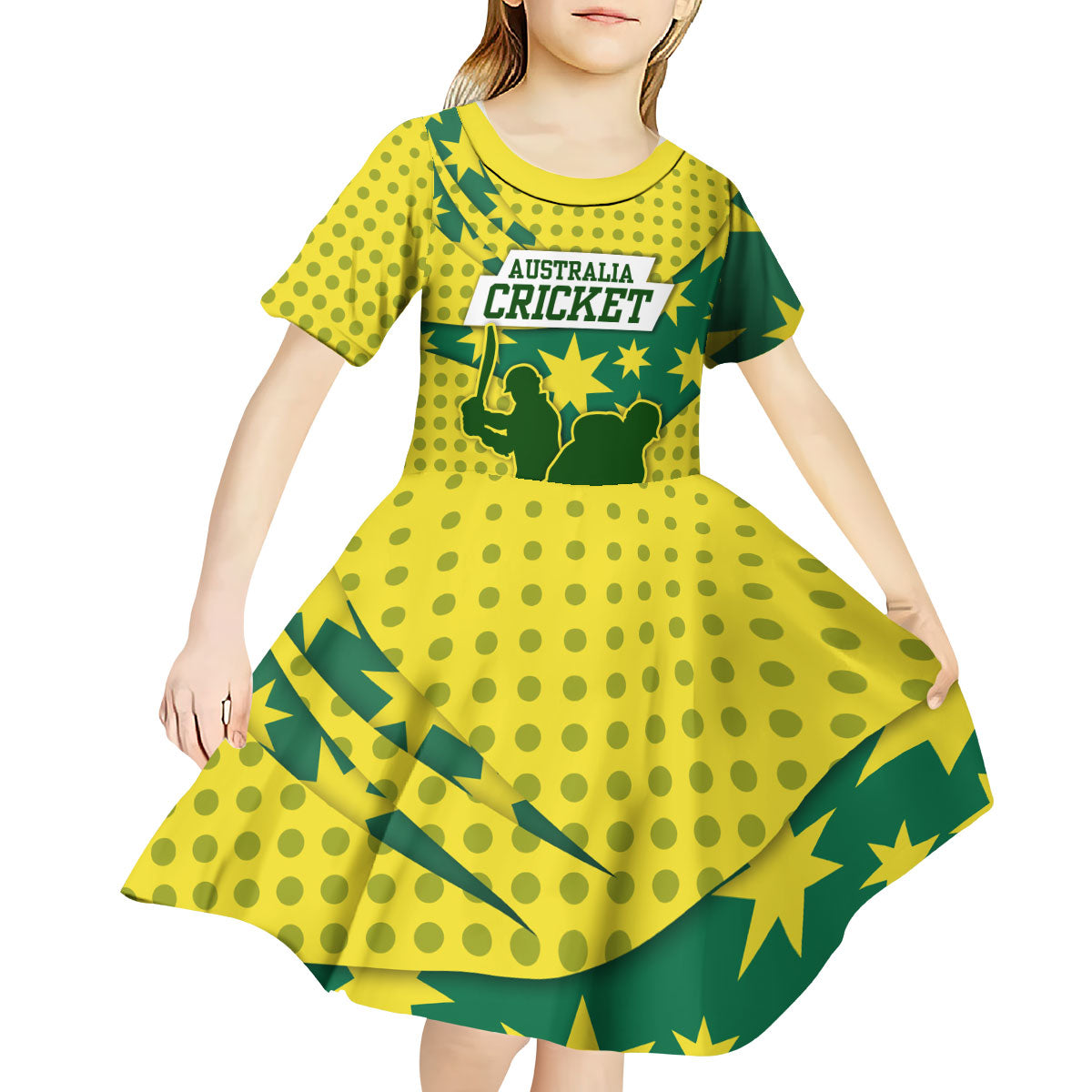 Australia Cricket Kid Short Sleeve Dress Golden Southern Cross Stars Halftone Pattern Design