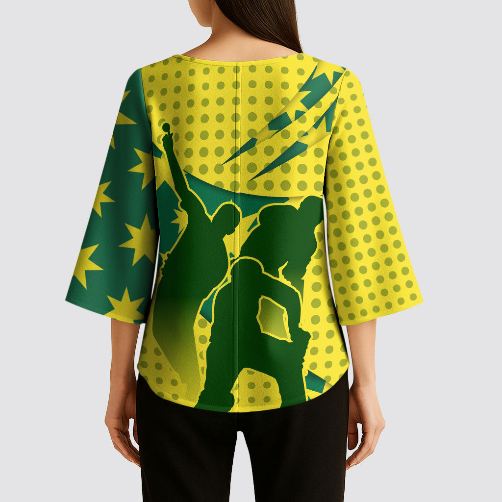 Australia Cricket Kimono Sleeve Blouse Golden Southern Cross Stars Halftone Pattern Design