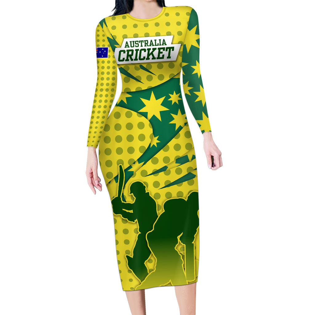 Australia Cricket Long Sleeve Bodycon Dress Golden Southern Cross Stars Halftone Pattern Design