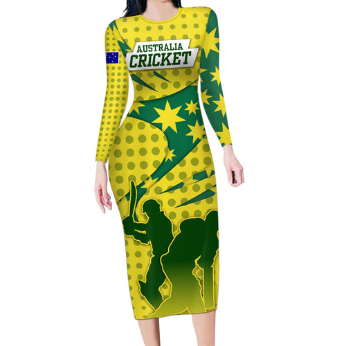 Australia Cricket Long Sleeve Bodycon Dress Golden Southern Cross Stars Halftone Pattern Design