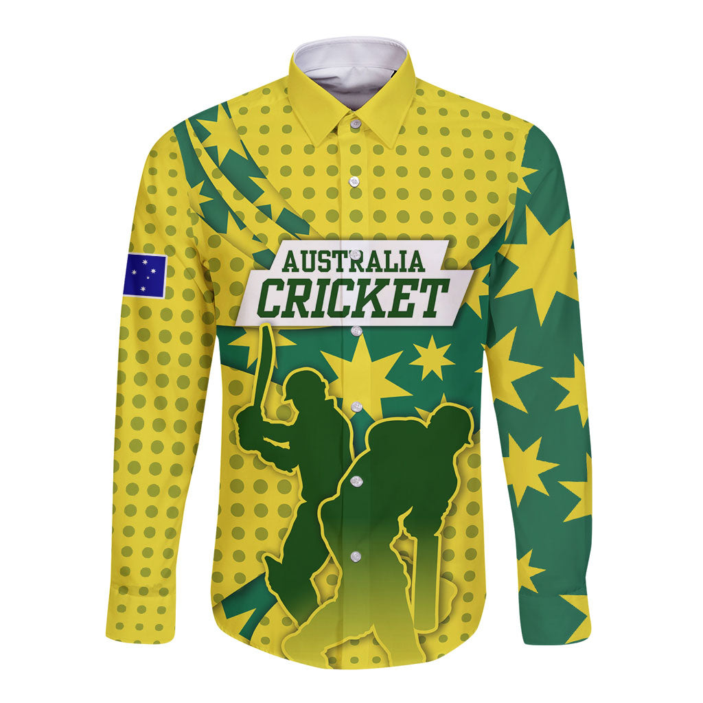 Australia Cricket Long Sleeve Button Shirt Golden Southern Cross Stars Halftone Pattern Design