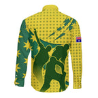 Australia Cricket Long Sleeve Button Shirt Golden Southern Cross Stars Halftone Pattern Design