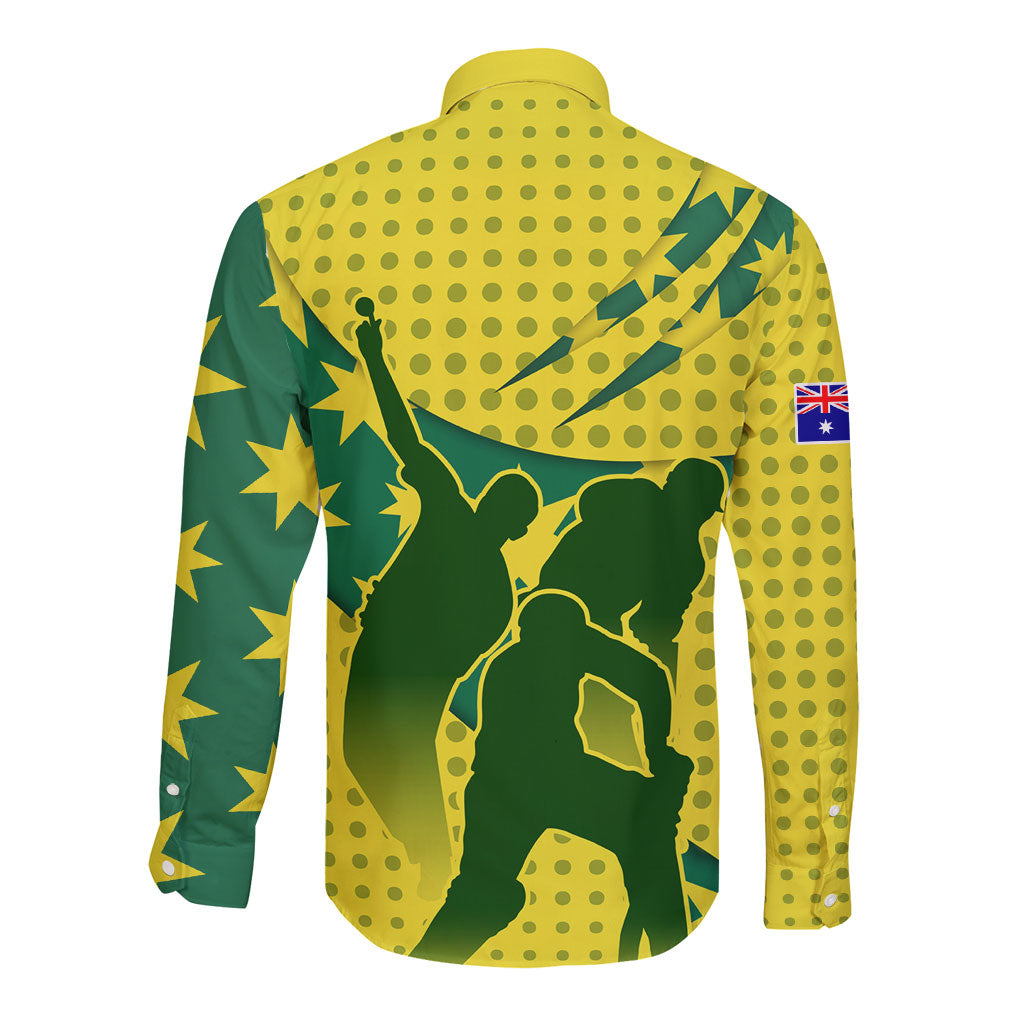 Australia Cricket Long Sleeve Button Shirt Golden Southern Cross Stars Halftone Pattern Design