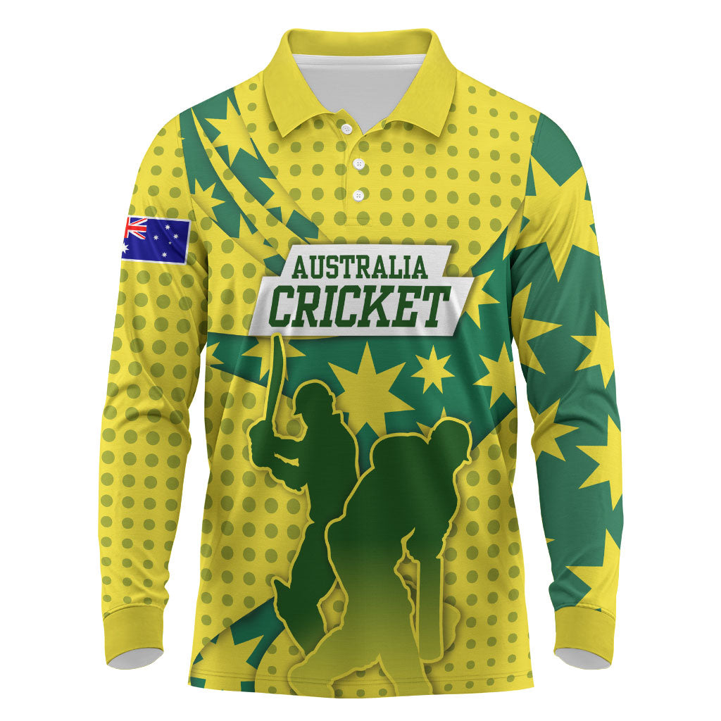 Australia Cricket Long Sleeve Polo Shirt Golden Southern Cross Stars Halftone Pattern Design