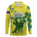 Australia Cricket Long Sleeve Polo Shirt Golden Southern Cross Stars Halftone Pattern Design