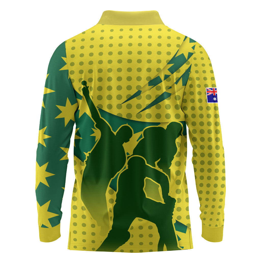 Australia Cricket Long Sleeve Polo Shirt Golden Southern Cross Stars Halftone Pattern Design