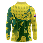 Australia Cricket Long Sleeve Polo Shirt Golden Southern Cross Stars Halftone Pattern Design