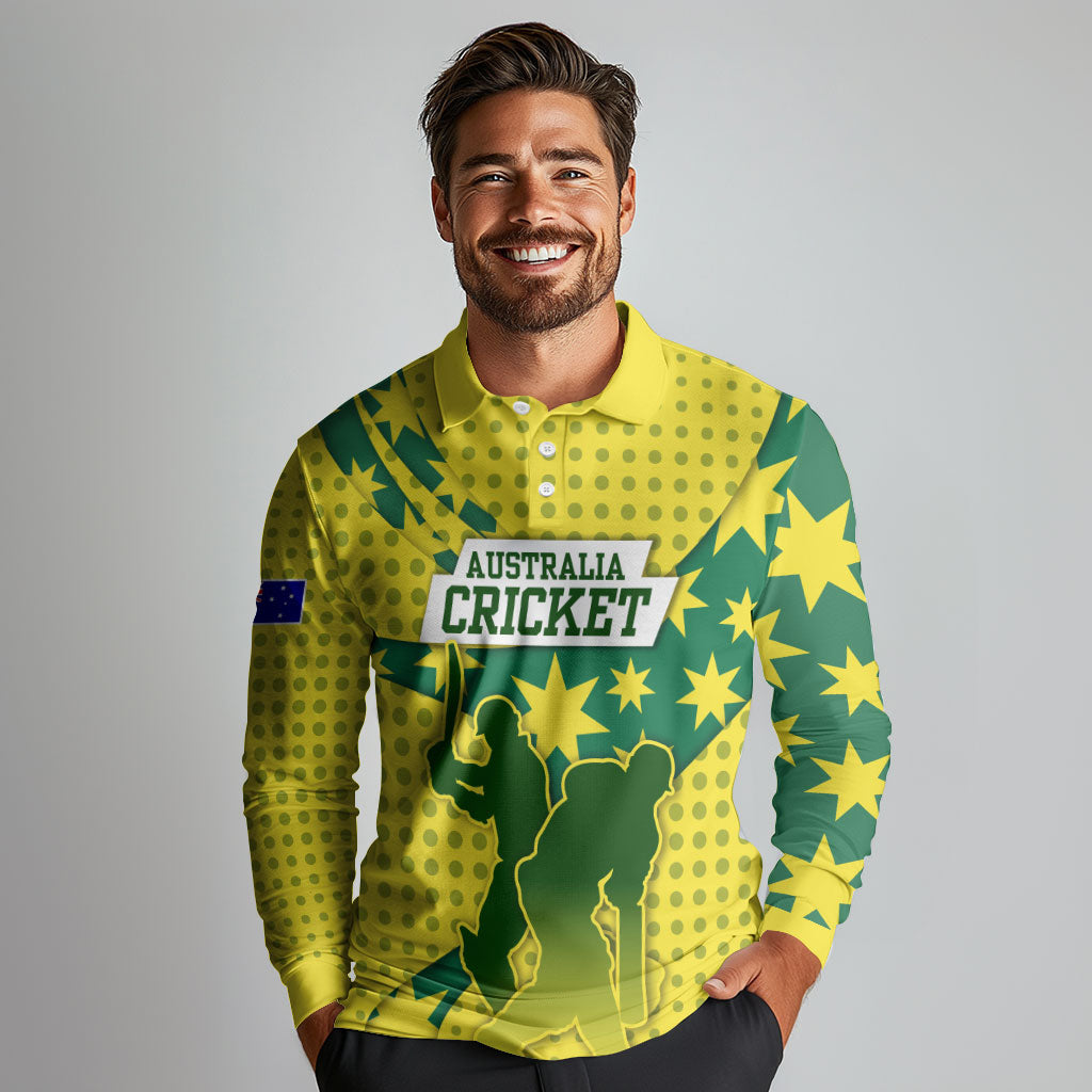 Australia Cricket Long Sleeve Polo Shirt Golden Southern Cross Stars Halftone Pattern Design