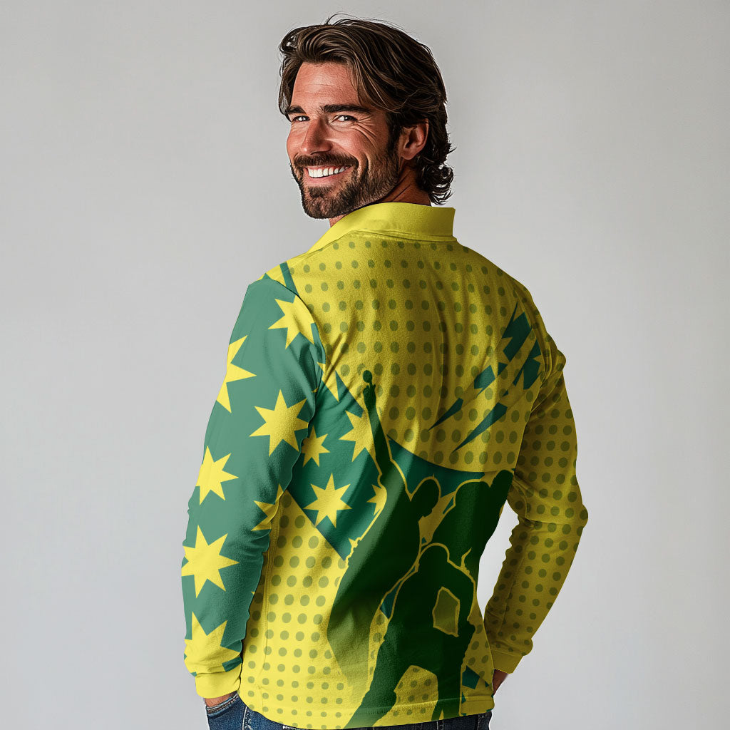 Australia Cricket Long Sleeve Polo Shirt Golden Southern Cross Stars Halftone Pattern Design
