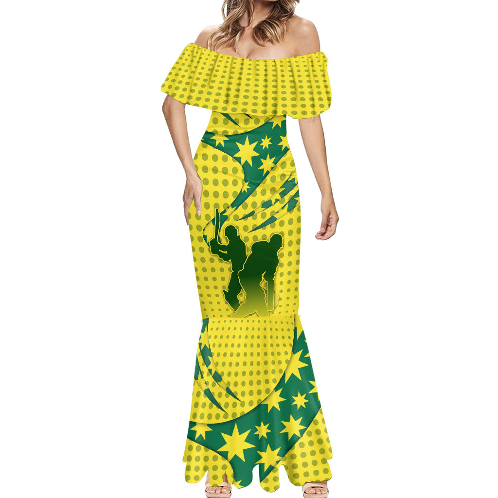 Australia Cricket Mermaid Dress Golden Southern Cross Stars Halftone Pattern Design