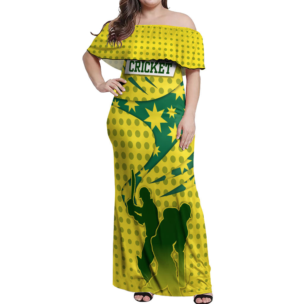 Australia Cricket Off Shoulder Maxi Dress Golden Southern Cross Stars Halftone Pattern Design