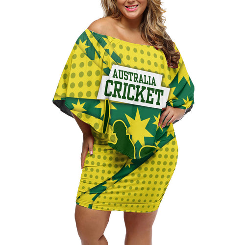 Australia Cricket Off Shoulder Short Dress Golden Southern Cross Stars Halftone Pattern Design