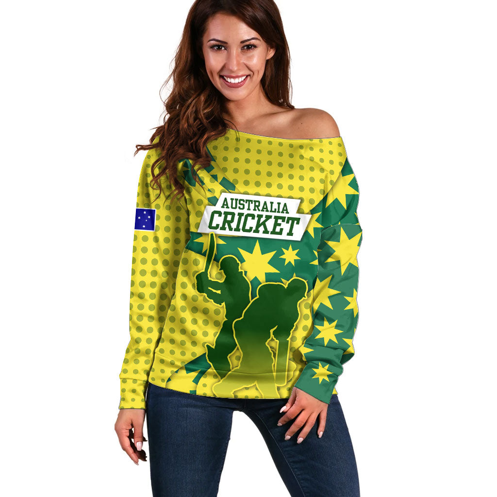 Australia Cricket Off Shoulder Sweater Golden Southern Cross Stars Halftone Pattern Design