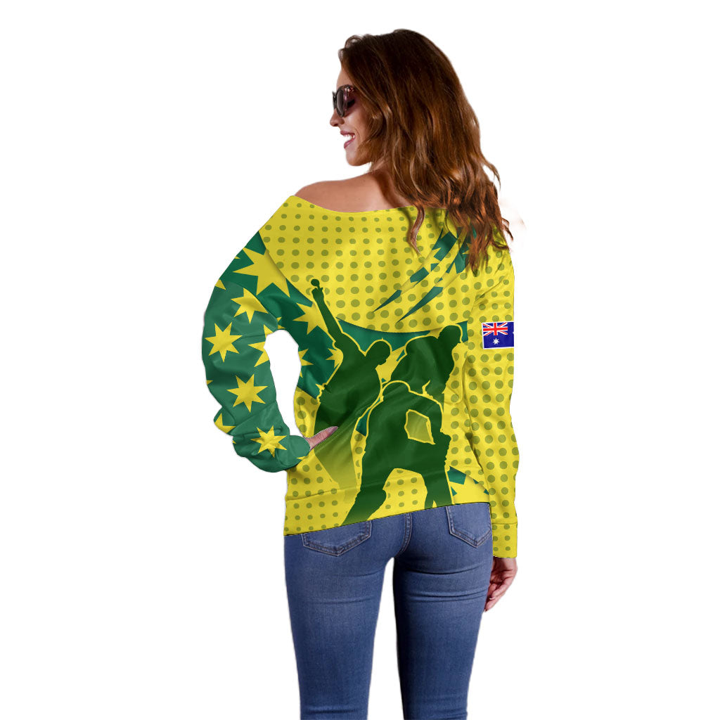 Australia Cricket Off Shoulder Sweater Golden Southern Cross Stars Halftone Pattern Design