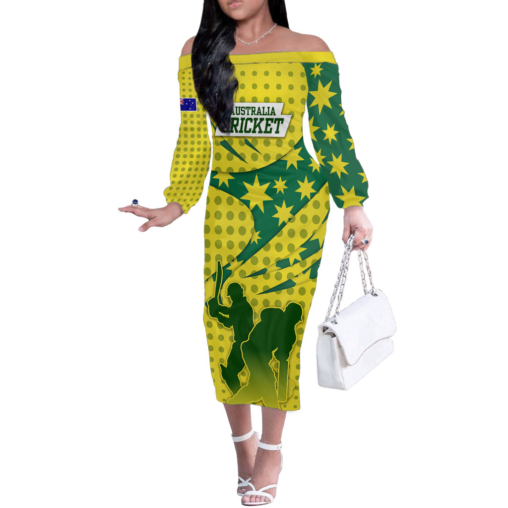 Australia Cricket Off The Shoulder Long Sleeve Dress Golden Southern Cross Stars Halftone Pattern Design