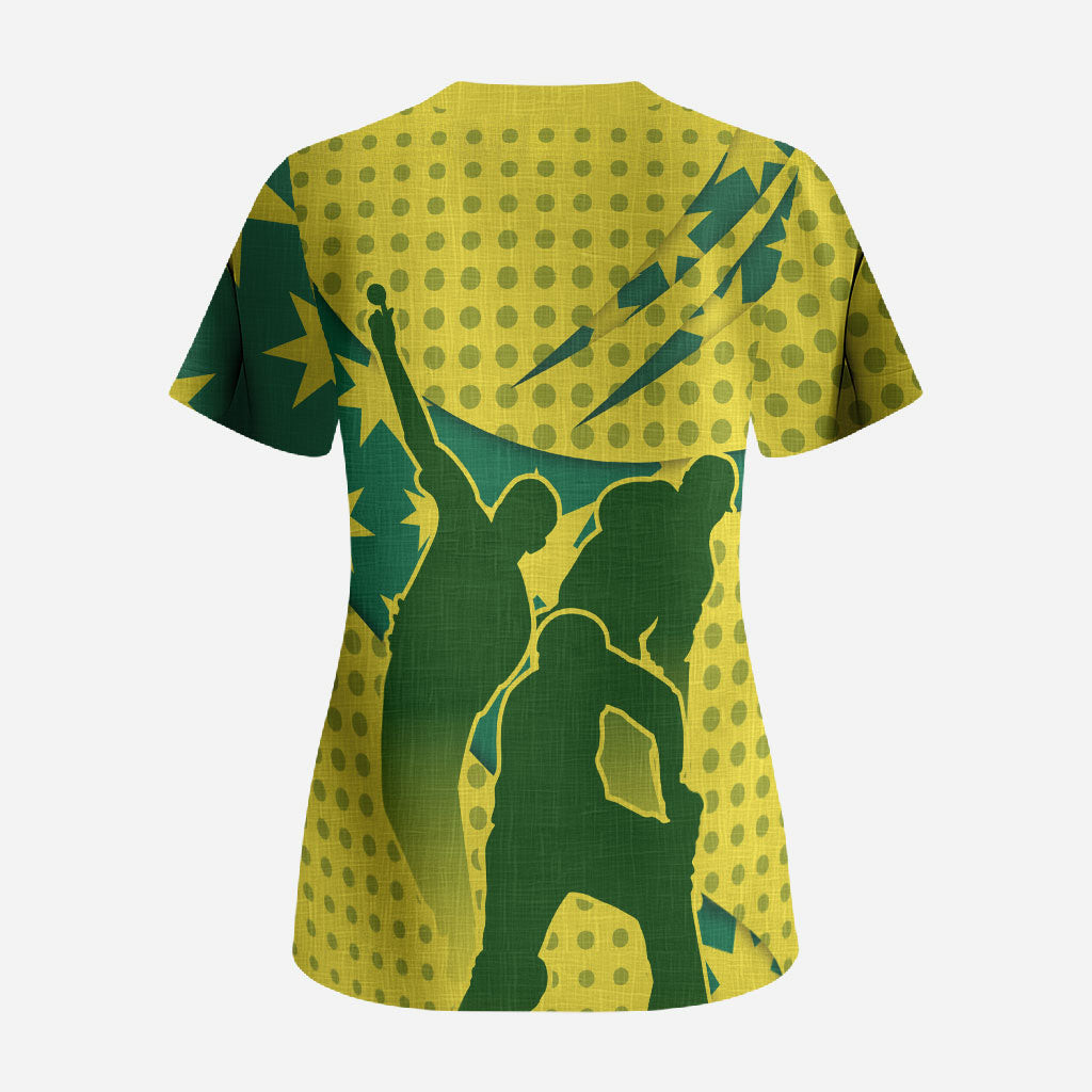Australia Cricket Scrub Top Golden Southern Cross Stars Halftone Pattern Design