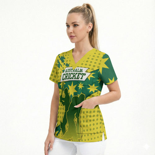 Australia Cricket Scrub Top Golden Southern Cross Stars Halftone Pattern Design