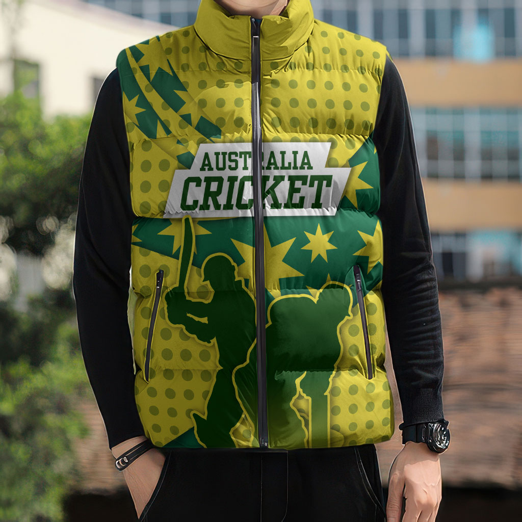 Australia Cricket Sleeveless Puffer Jacket Golden Southern Cross Stars Halftone Pattern Design