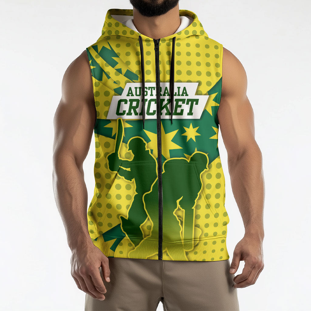 Australia Cricket Sleeveless Zip Hoodie Golden Southern Cross Stars Halftone Pattern Design