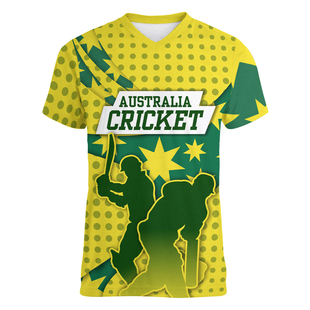 Australia Cricket Women V-Neck T-Shirt Golden Southern Cross Stars Halftone Pattern Design