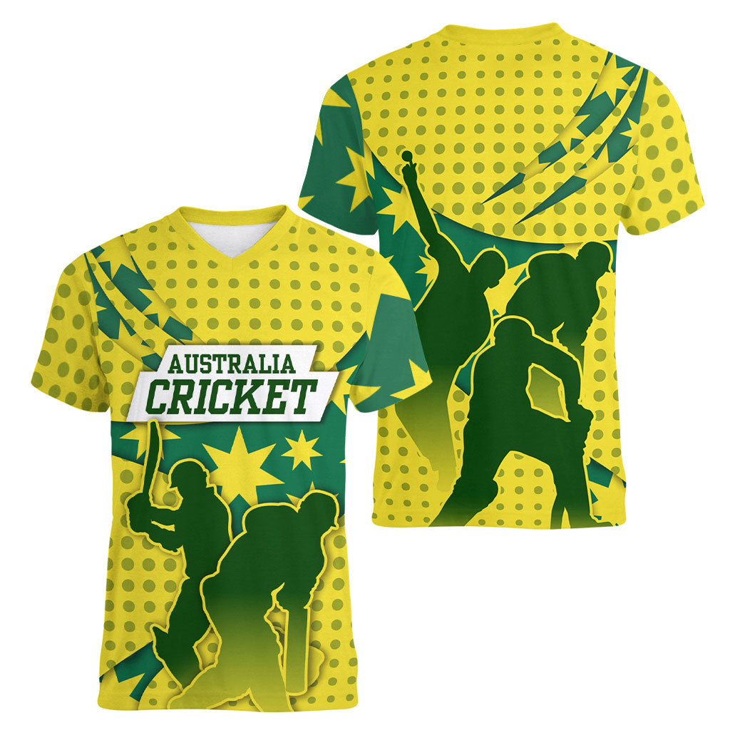 Australia Cricket Women V-Neck T-Shirt Golden Southern Cross Stars Halftone Pattern Design