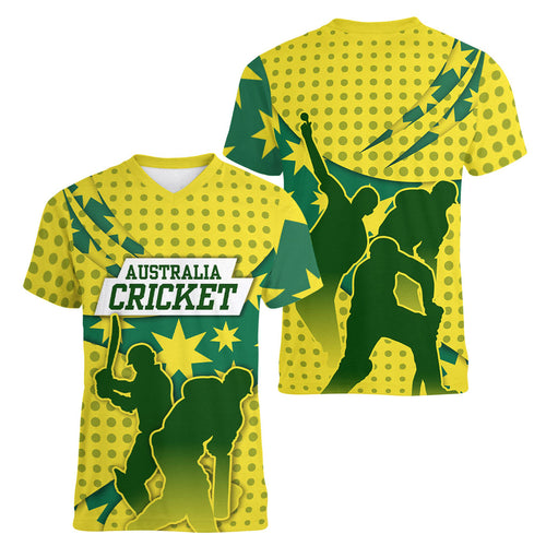 Australia Cricket Women V-Neck T-Shirt Golden Southern Cross Stars Halftone Pattern Design