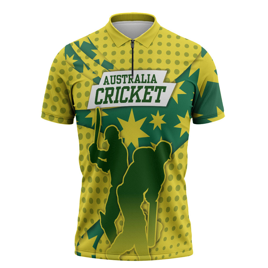 Australia Cricket Zipper Polo Shirt Golden Southern Cross Stars Halftone Pattern Design