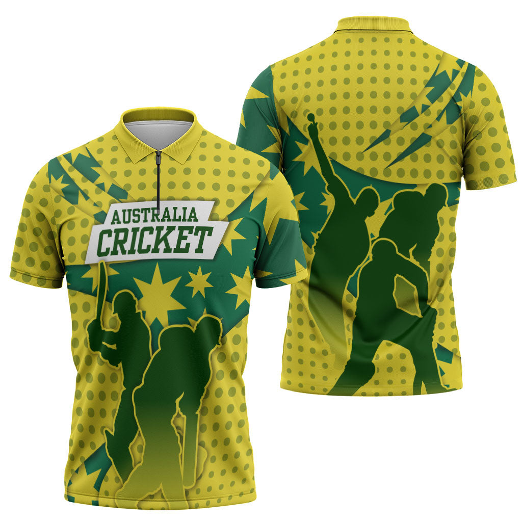 Australia Cricket Zipper Polo Shirt Golden Southern Cross Stars Halftone Pattern Design