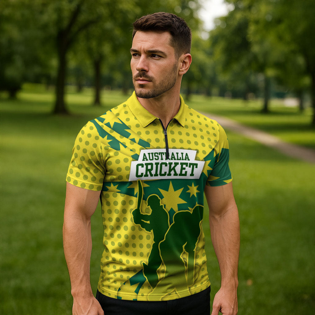 Australia Cricket Zipper Polo Shirt Golden Southern Cross Stars Halftone Pattern Design