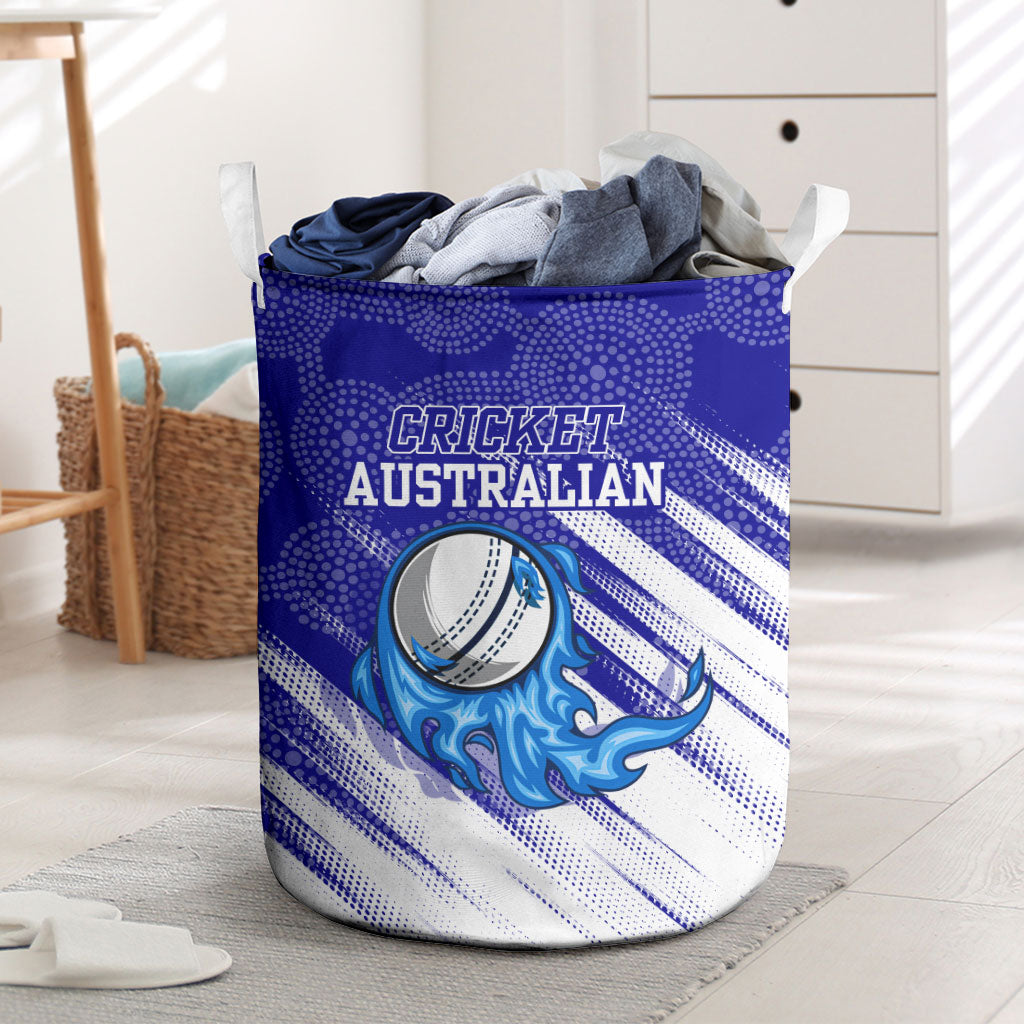 Cricket Australian Laundry Basket Blue Fire Ball Graphic With Aboriginal Dot Art Style