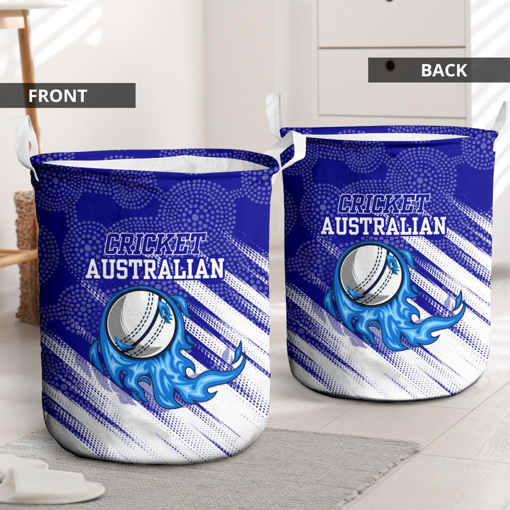 Cricket Australian Laundry Basket Blue Fire Ball Graphic With Aboriginal Dot Art Style