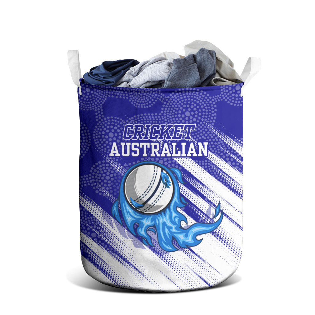 Cricket Australian Laundry Basket Blue Fire Ball Graphic With Aboriginal Dot Art Style