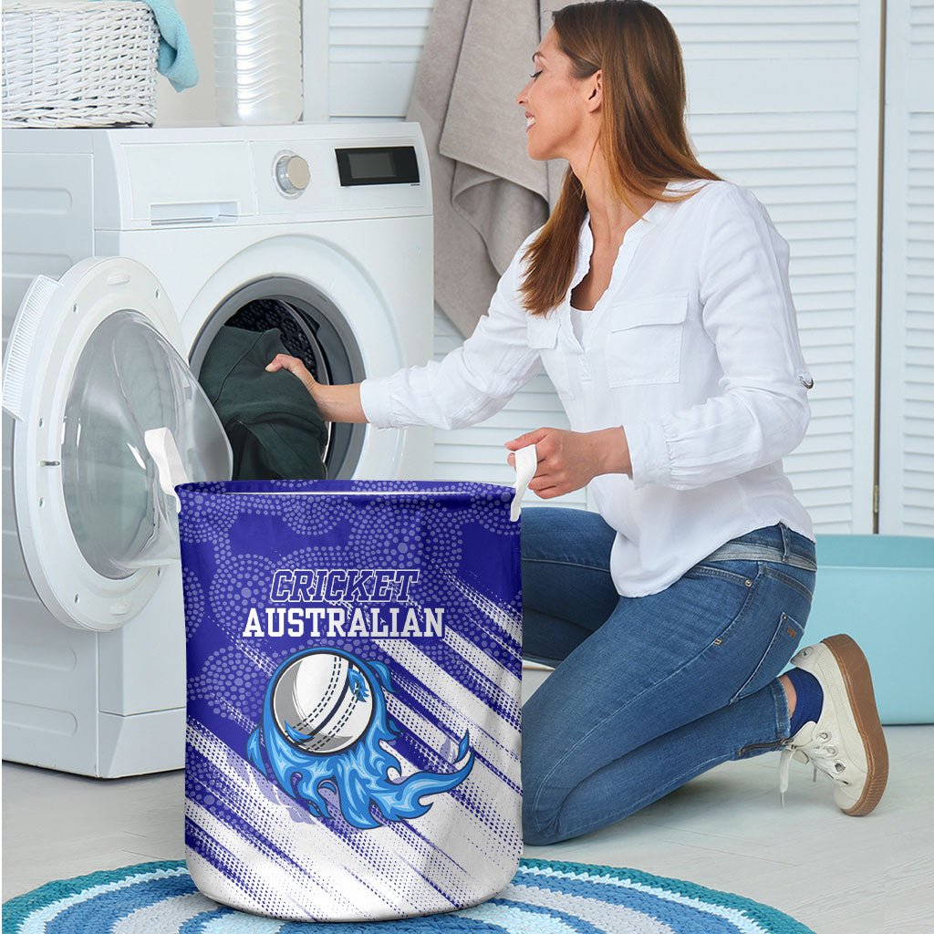 Cricket Australian Laundry Basket Blue Fire Ball Graphic With Aboriginal Dot Art Style