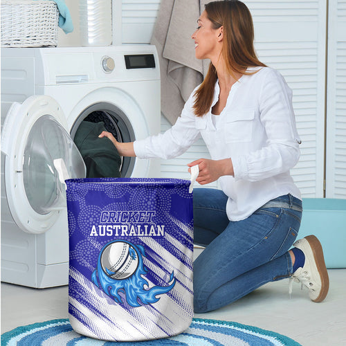Cricket Australian Laundry Basket Blue Fire Ball Graphic With Aboriginal Dot Art Style