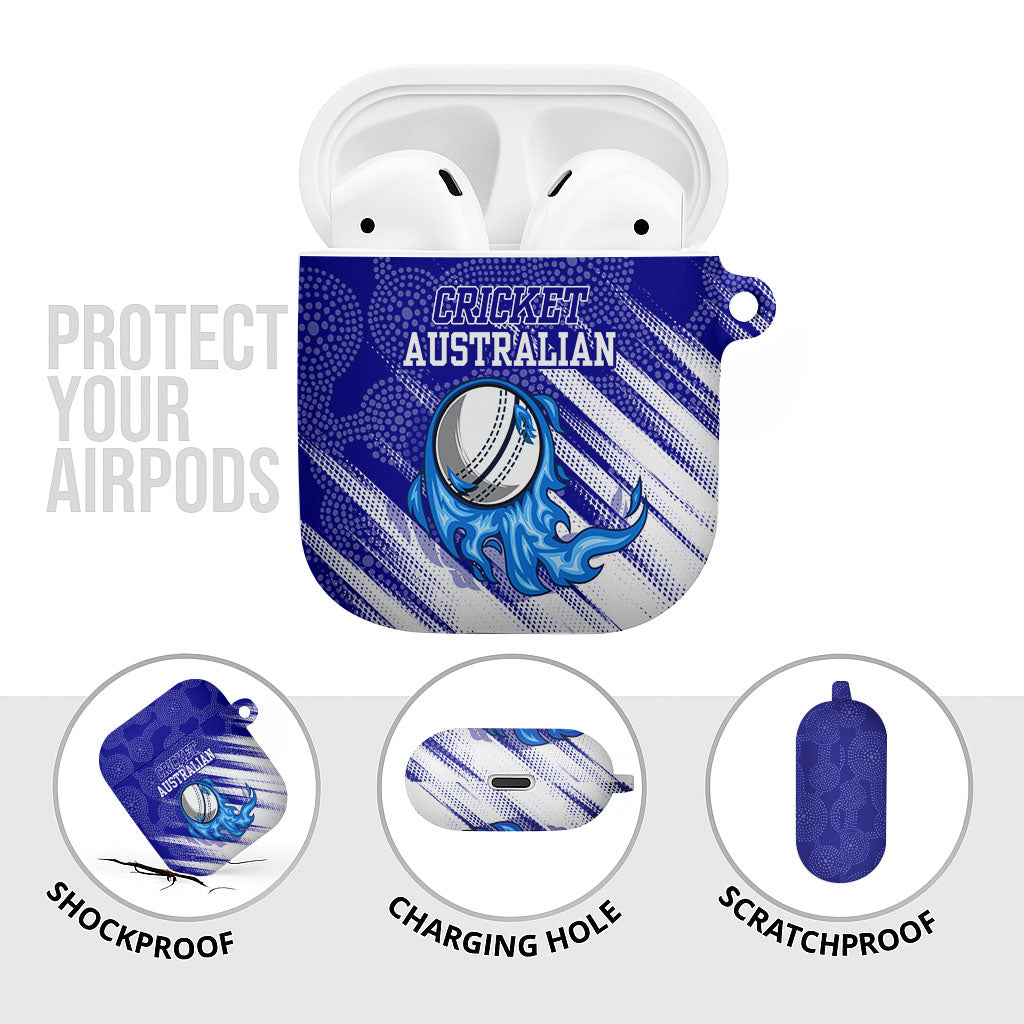 Cricket Australian AirPods Case Blue Fire Ball Graphic With Aboriginal Dot Art Style