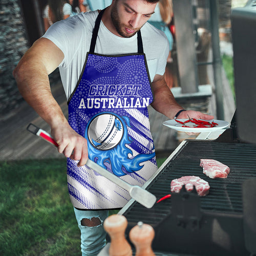 Cricket Australian Apron Blue Fire Ball Graphic With Aboriginal Dot Art Style
