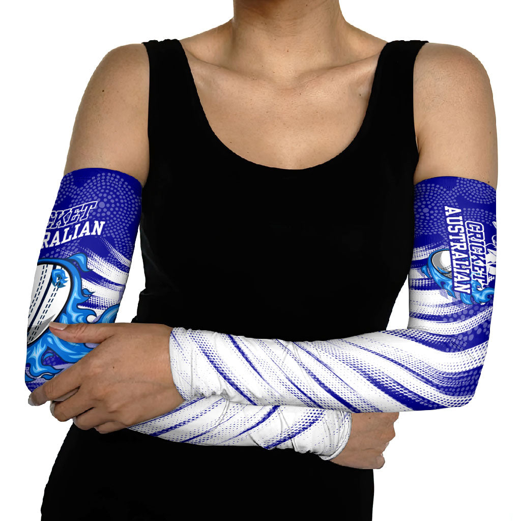 Cricket Australian Arm Sleeves Blue Fire Ball Graphic With Aboriginal Dot Art Style