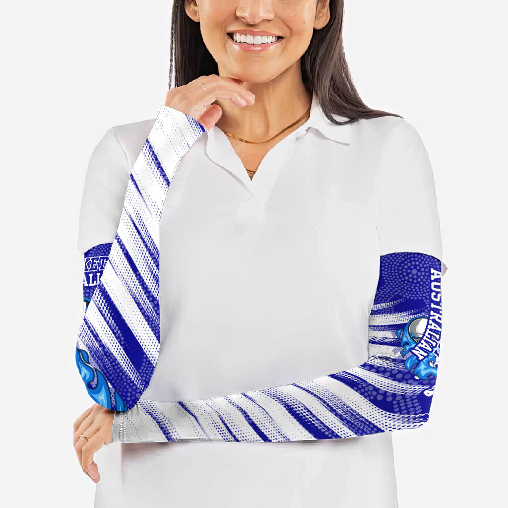 Cricket Australian Arm Sleeves Blue Fire Ball Graphic With Aboriginal Dot Art Style