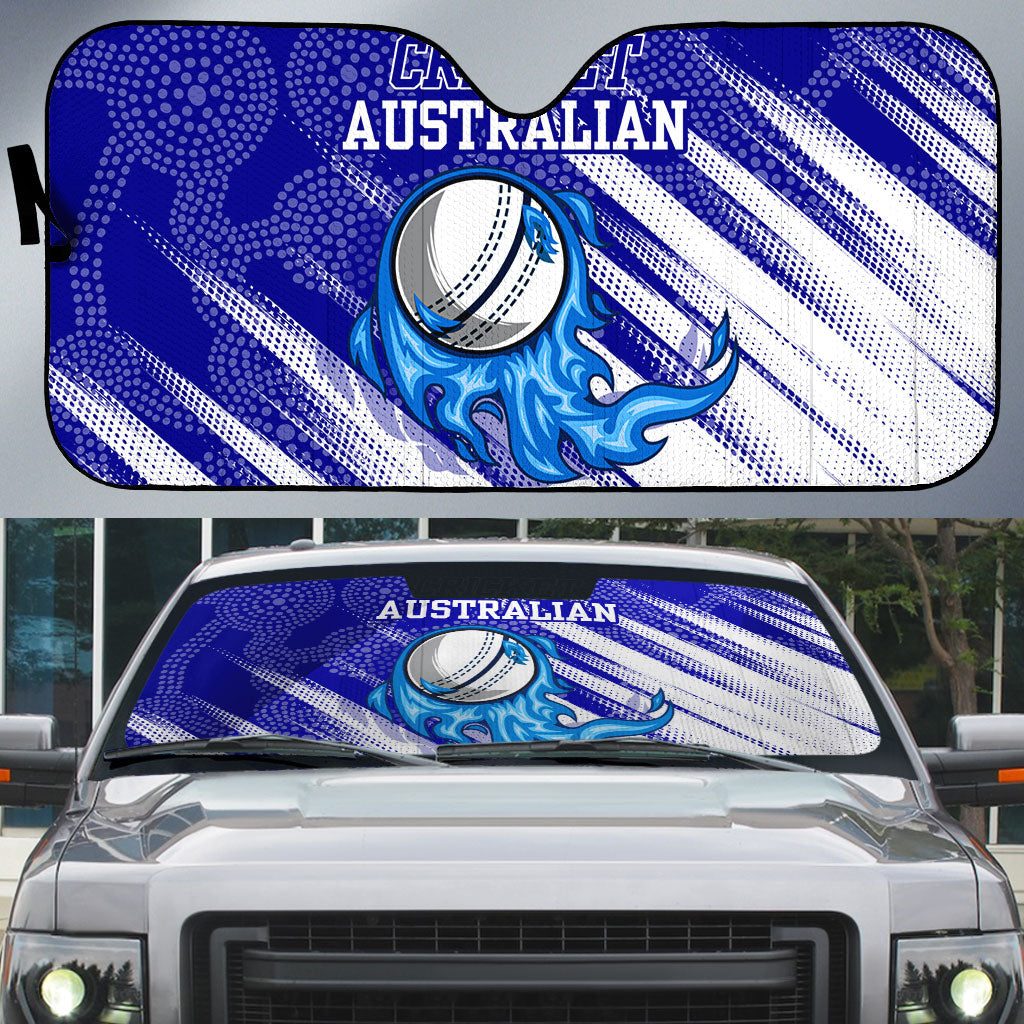 Cricket Australian Auto Sun Shade Blue Fire Ball Graphic With Aboriginal Dot Art Style