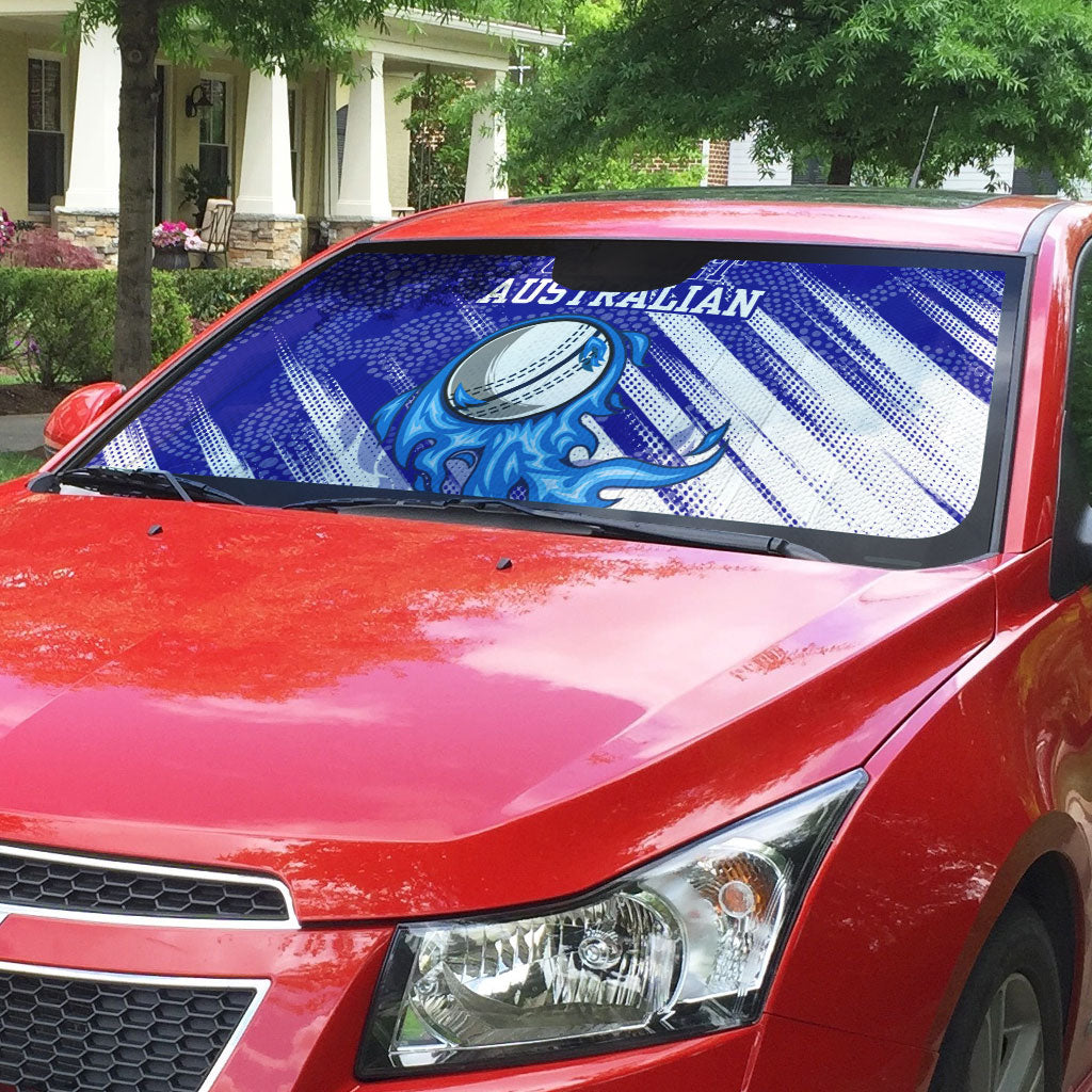 Cricket Australian Auto Sun Shade Blue Fire Ball Graphic With Aboriginal Dot Art Style