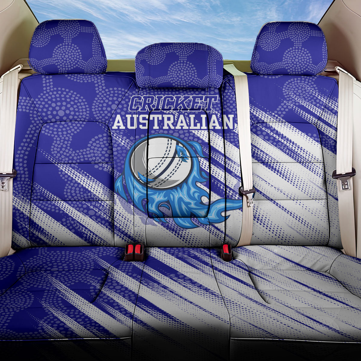 Cricket Australian Back Car Seat Cover Blue Fire Ball Graphic With Aboriginal Dot Art Style
