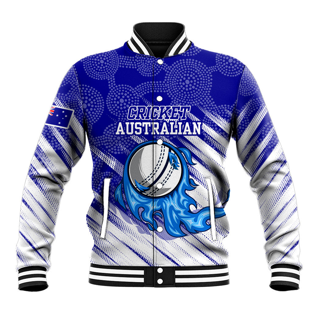 Cricket Australian Baseball Jacket Blue Fire Ball Graphic With Aboriginal Dot Art Style