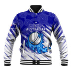 Cricket Australian Baseball Jacket Blue Fire Ball Graphic With Aboriginal Dot Art Style