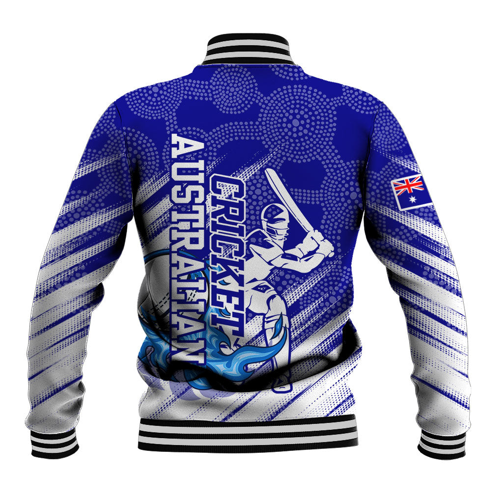 Cricket Australian Baseball Jacket Blue Fire Ball Graphic With Aboriginal Dot Art Style