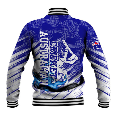Cricket Australian Baseball Jacket Blue Fire Ball Graphic With Aboriginal Dot Art Style