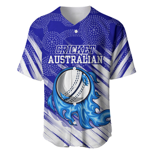 Cricket Australian Baseball Jersey Blue Fire Ball Graphic With Aboriginal Dot Art Style
