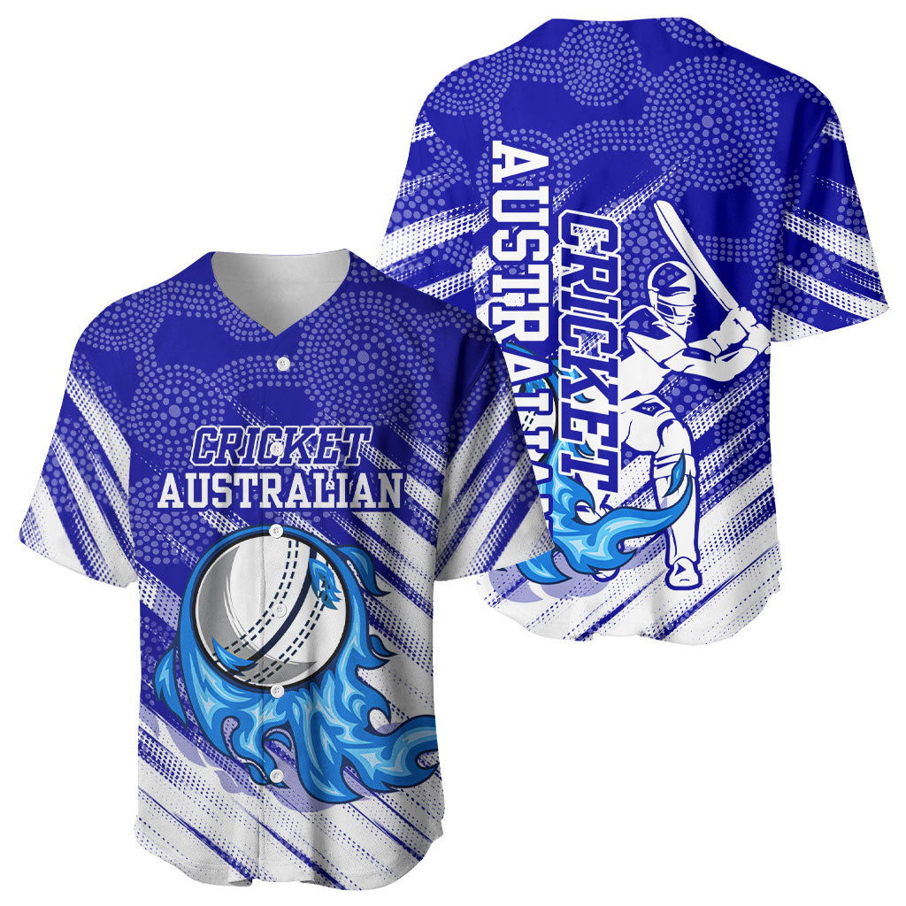 Cricket Australian Baseball Jersey Blue Fire Ball Graphic With Aboriginal Dot Art Style