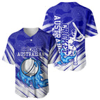 Cricket Australian Baseball Jersey Blue Fire Ball Graphic With Aboriginal Dot Art Style