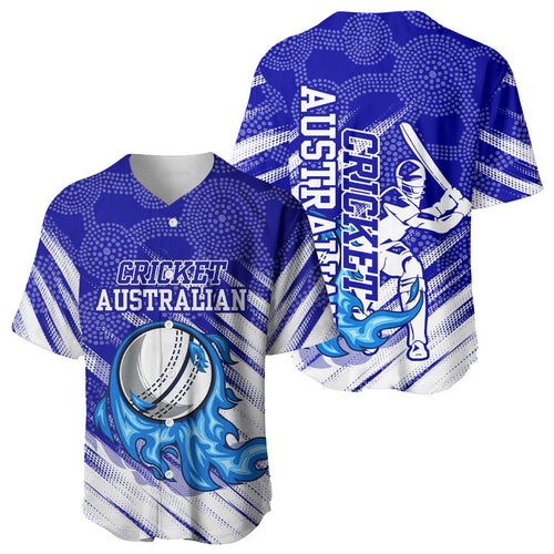 Cricket Australian Baseball Jersey Blue Fire Ball Graphic With Aboriginal Dot Art Style