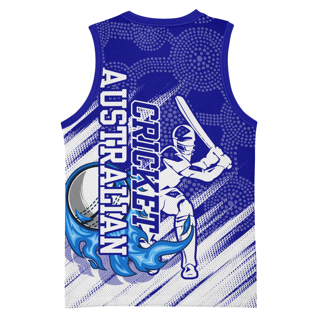 Cricket Australian Basketball Jersey Blue Fire Ball Graphic With Aboriginal Dot Art Style